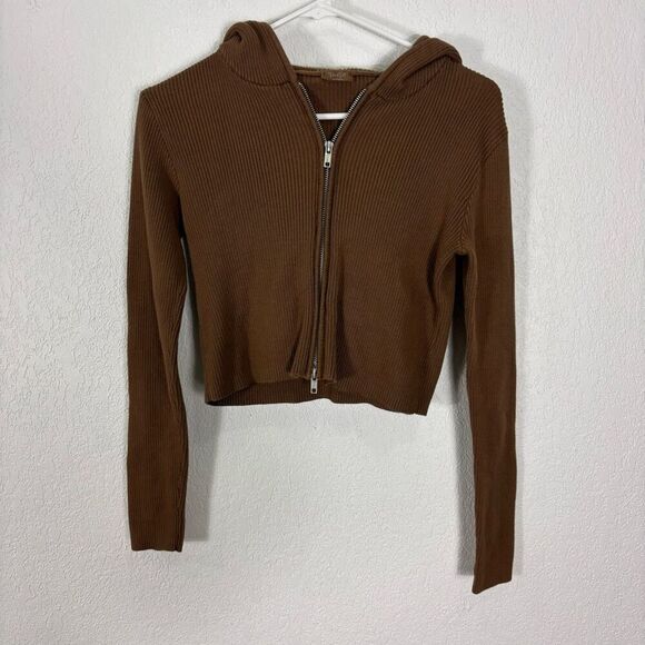 John Galt Brandy Melville Brown Ribbed Hooded Cropped Zip Up Sweater Size Small - Picture 1 of 6